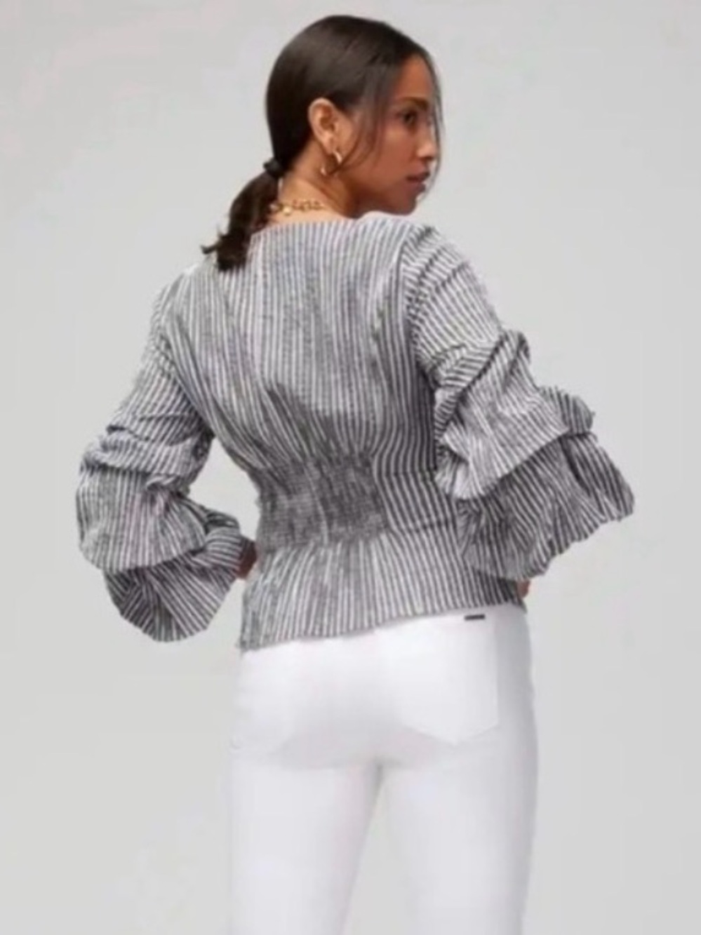 WHBM Seersucker Ruffle Statement Sleeve Blouse White House Black Market Size 4 - Picture 3 of 10